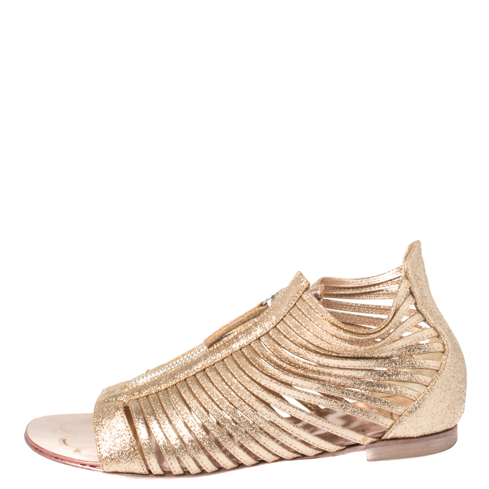 

Giuseppe Zanotti Gold Glitter Zipped Caged Flat Sandals Size