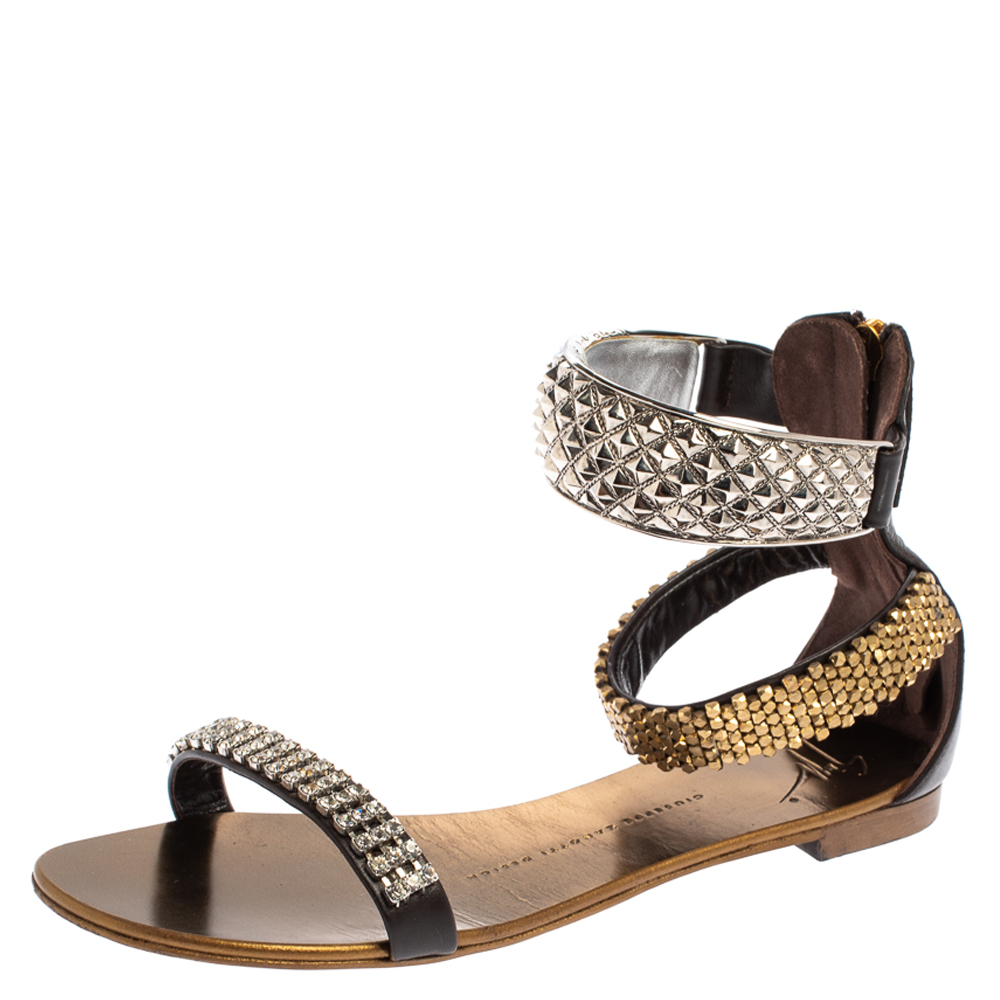 Pre-owned Giuseppe Zanotti Brown Leather Crystal Embellished Ankle Cuff Flat Sandals Size 36