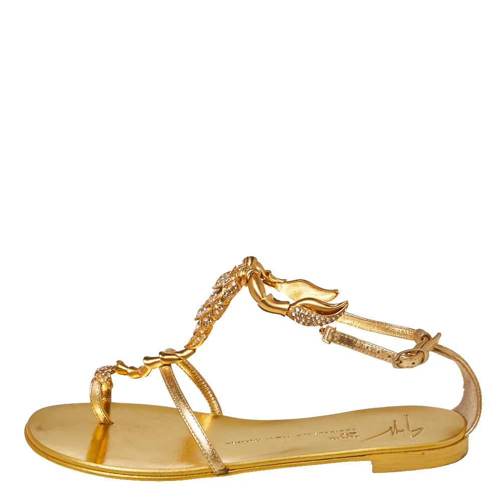 

Giuseppe Zanotti Metallic Gold Leather Scorpion Crystal Embellished Flat Sandals Size