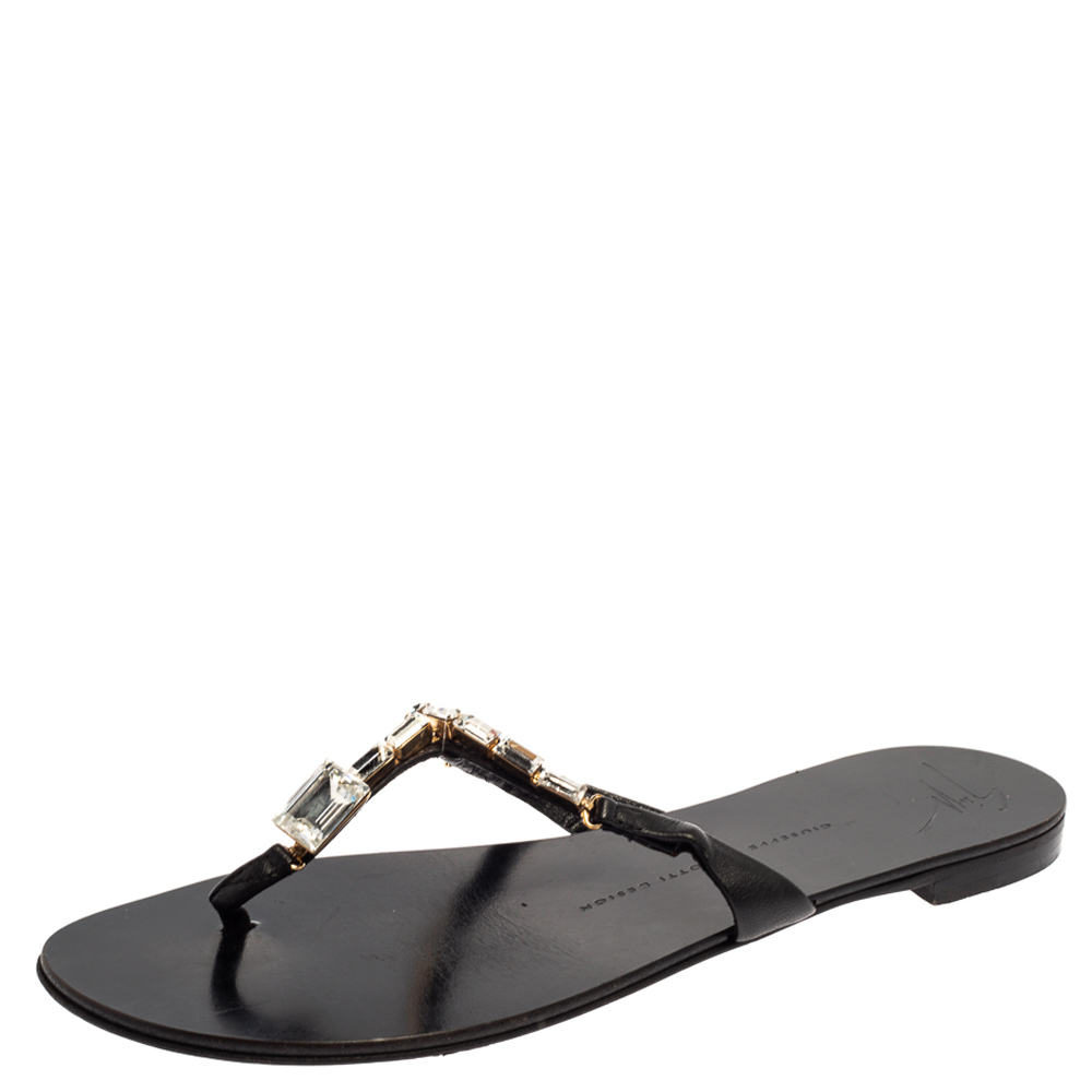 

Giuseppe Zanotti Black Leather Jewel Embellished Thong Flat Sandals Size