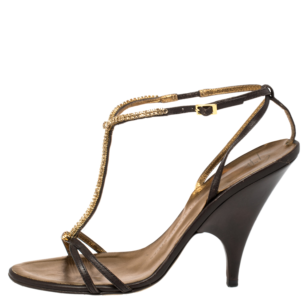 

Giuseppe Zanotti Brown Leather Crystal Embellished Strappy Sandals Size