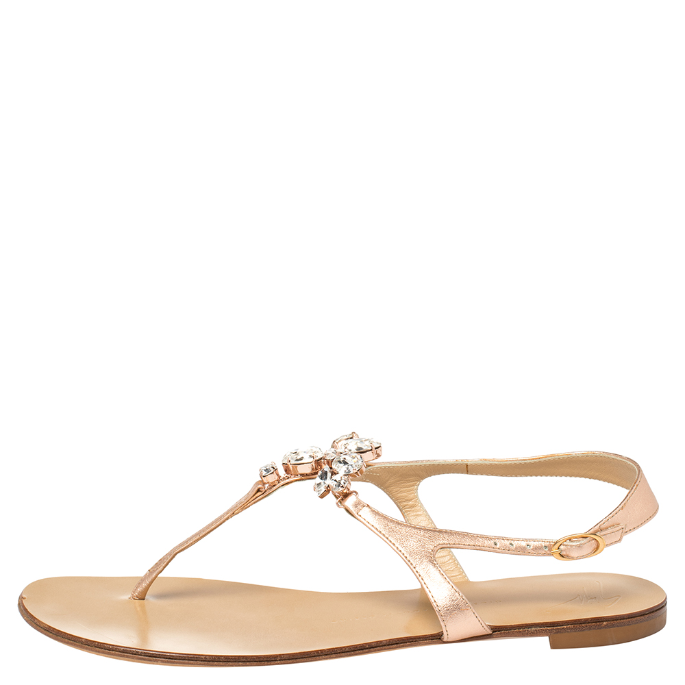 

Giuseppe Zanotti Rose Gold Leather T Strap Crystal Embellish Flat Sandals Size