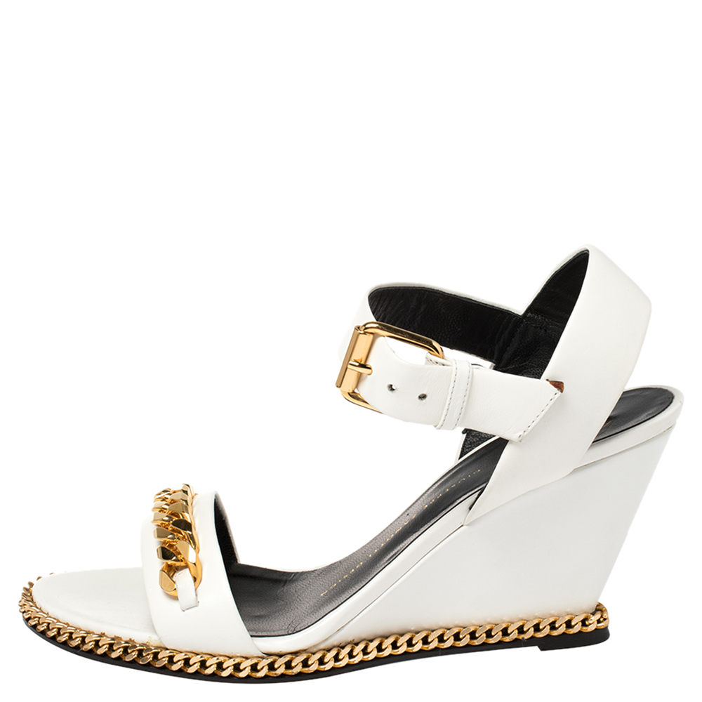 

Giuseppe Zanotti White Leather Chain-Link Wedge Sandals Size