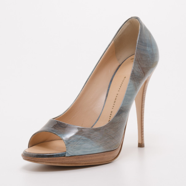 Pre Owned Giuseppe Zanotti Denim Crosshatched Patent Peep Toe Pumps Size 39