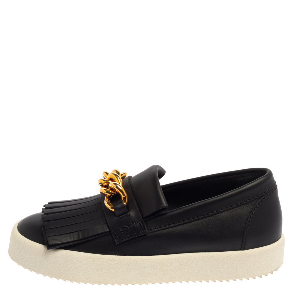 

Giuseppe Zanotti Black Fringed Leather Slip On Sneakers Size