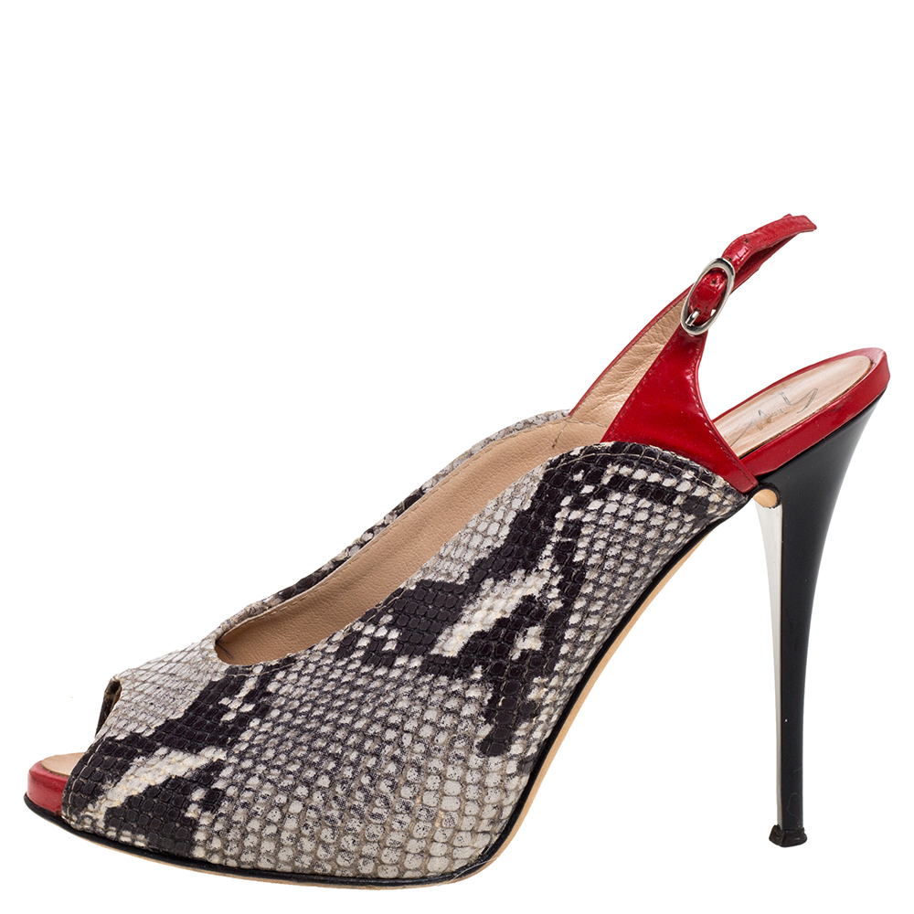 

Giuseppe Zanotti Multicolor Python Embossed and Patent Leather Peep Toe Slingback Sandals Size