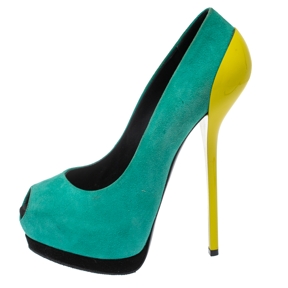 

Giuseppe Zanotti Two Tone Suede Peep Toe Platform Pumps Size, Green