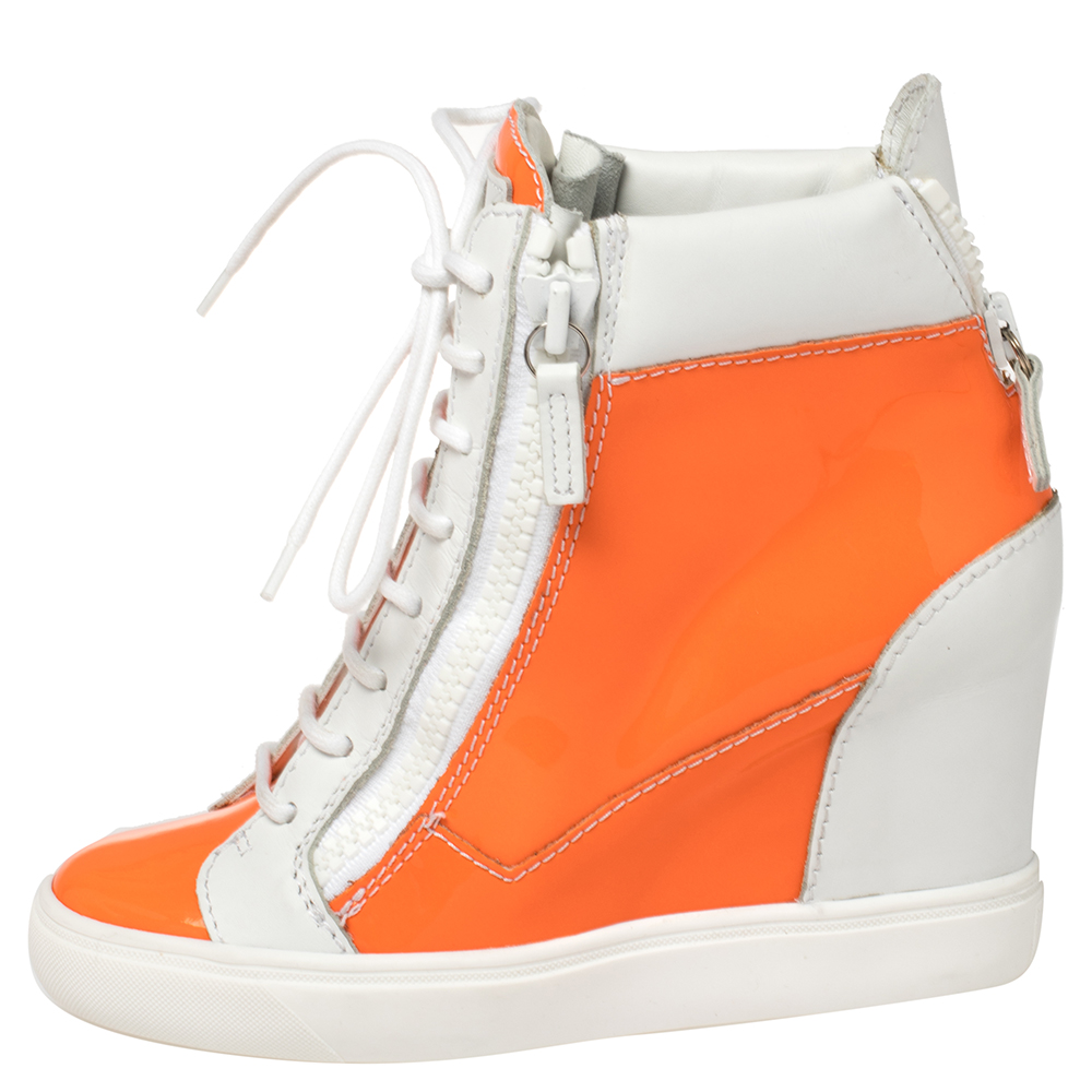 

Giuseppe Zanotti White/Neon Orange Patent And Leather High Top Wedge Sneakers Size