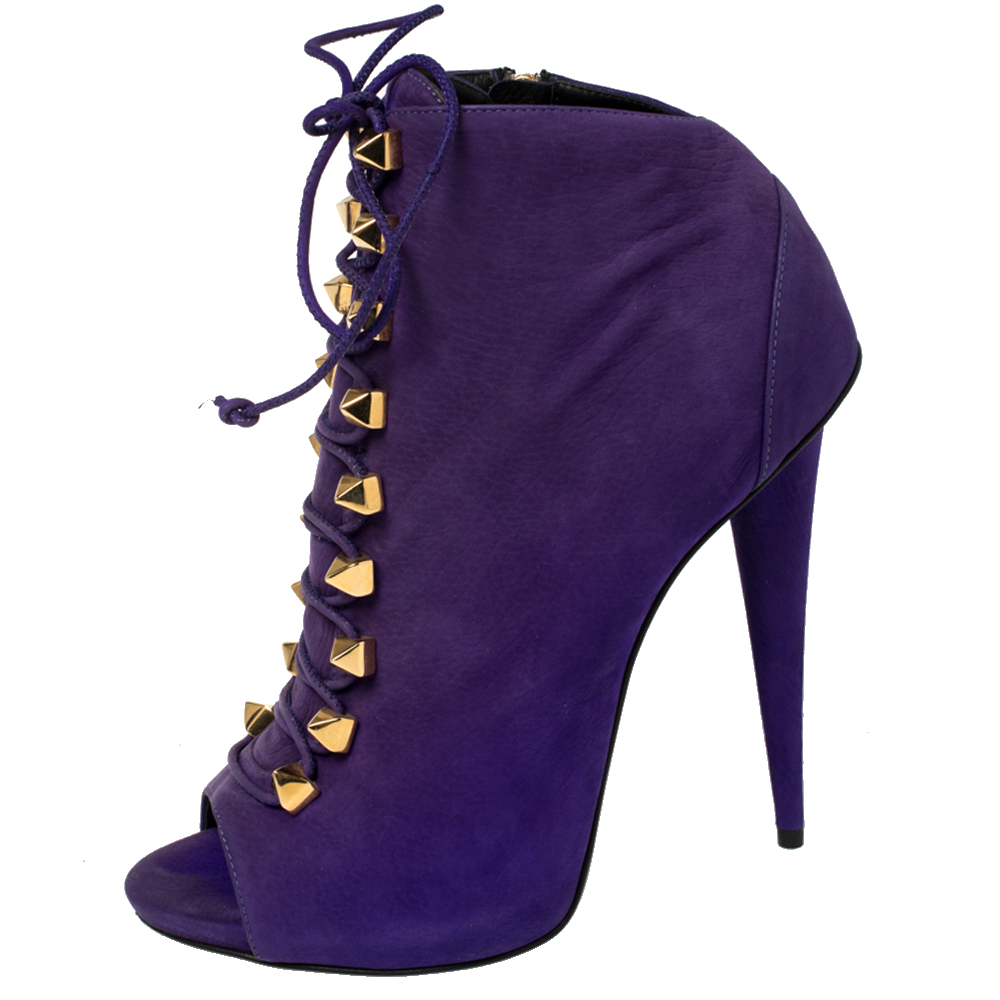 

Giuseppe Zanotti Purple Suede Studded Pyramid Peep Toe Boots Size