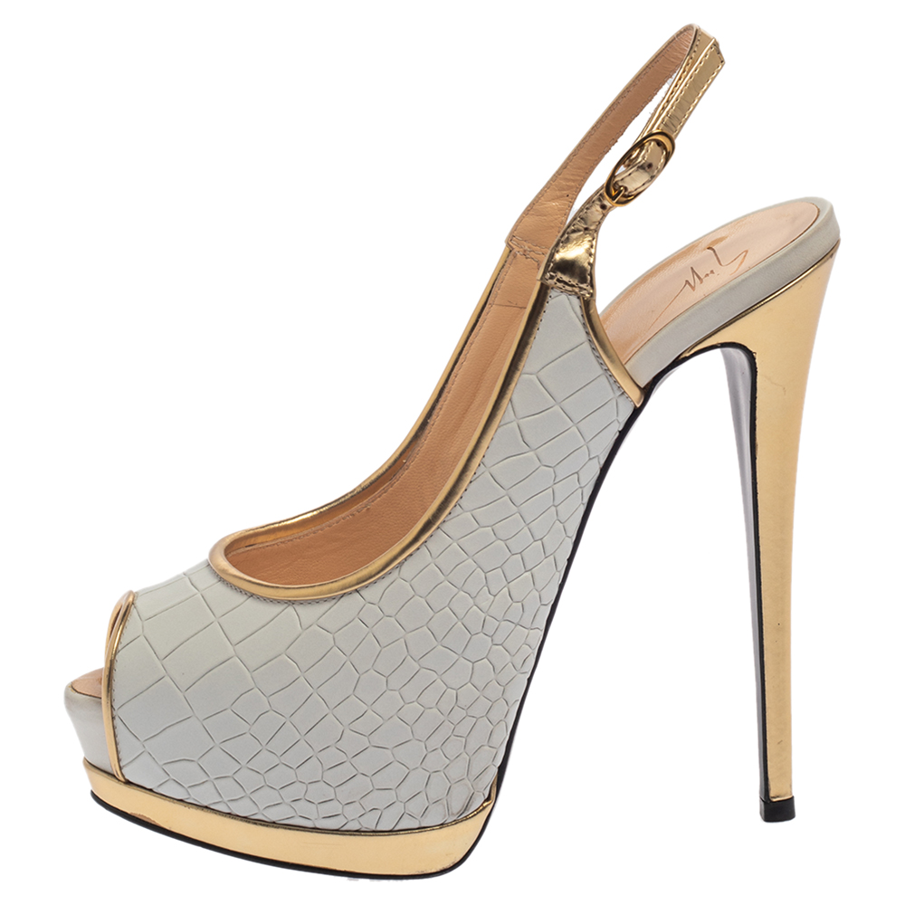 

Giuseppe Zanotti White/Gold Croc Embossed Leather Peep Toe Platform Slingback Sandals Size
