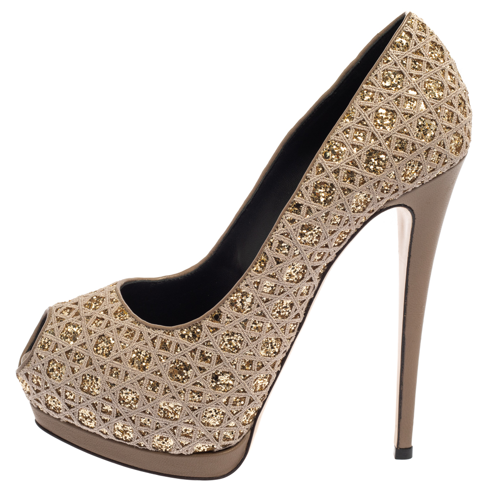 

Giuseppe Zanotti Grey Glitter And Fabric Platform Peep Toe Pumps Size