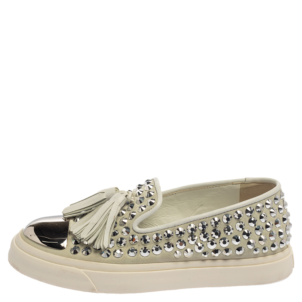 

Giuseppe Zanotti Light Grey Suede Crystal Studded Tassel Sneakers Size