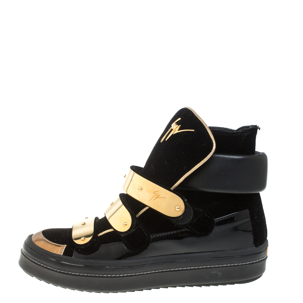 

Giuseppe Zanotti Black Velvet And Patent Leather Gold Bar High Top Sneakers Size