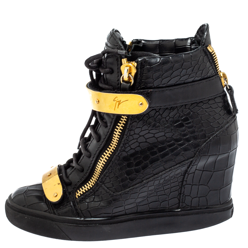 

Giuseppe Zanotti Black Croc Embossed Leather Sneakers Size