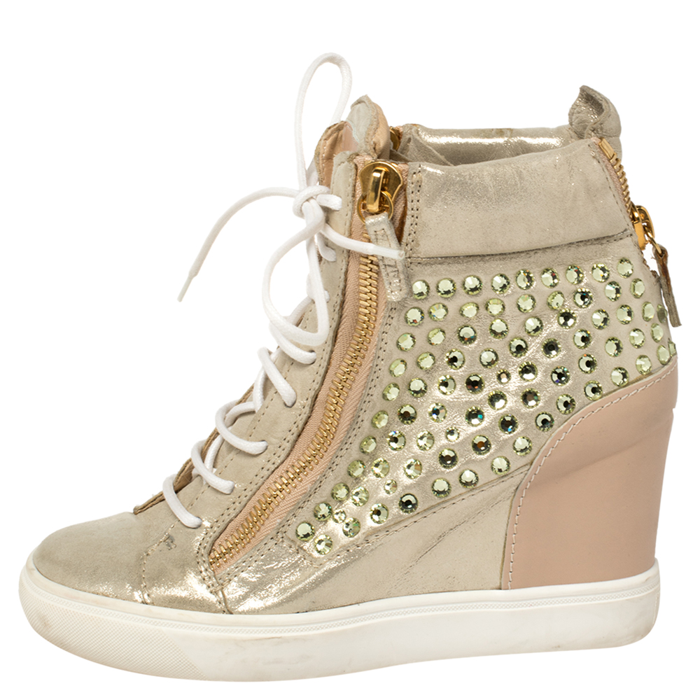 

Giuseppe Zanotti Gold/Beige Leather And Suede Crystal Embellished Wedge Sneakers Size