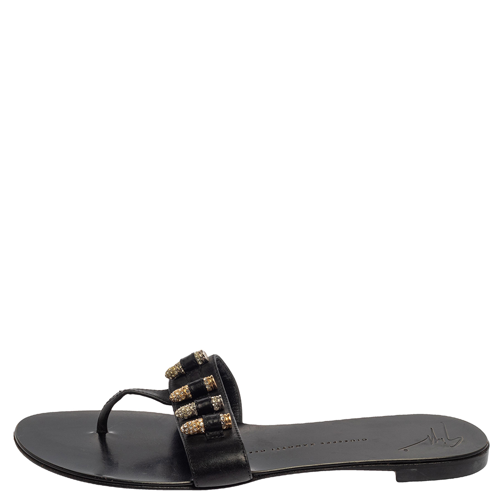 

Giuseppe Zanotti Black Leather Studded Thong Sandals Size