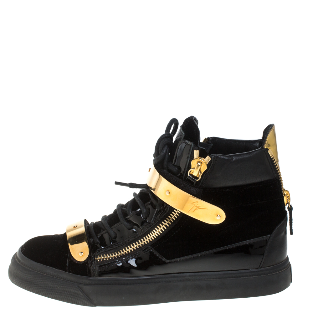 

Giuseppe Zanotti Black/Gold Velvet And Leather Coby High Top Sneakers Size