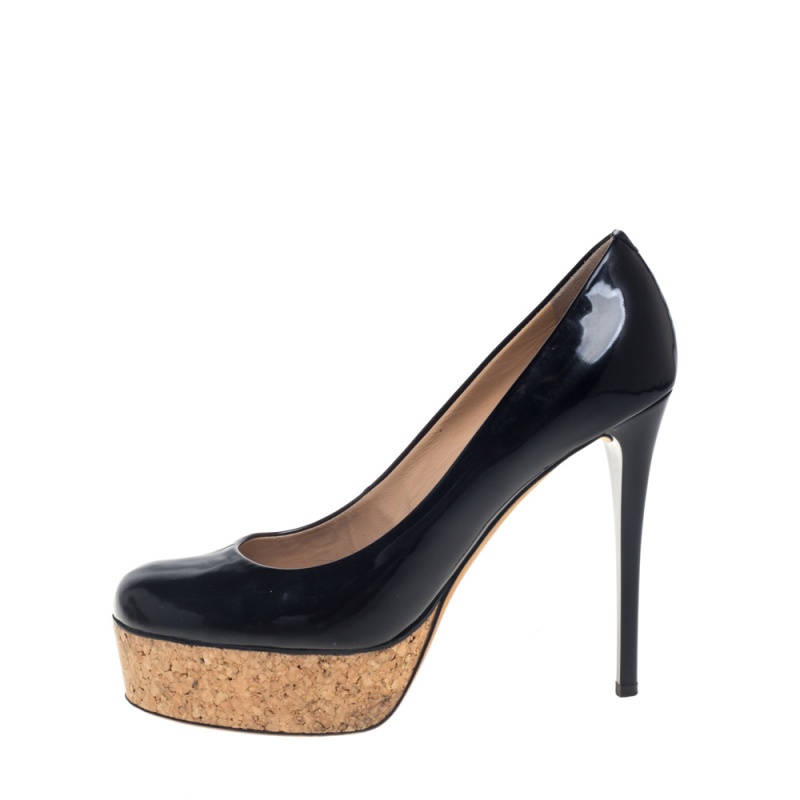 

Giuseppe Zanotti Black Patent Leather Cork Platform Pumps Size