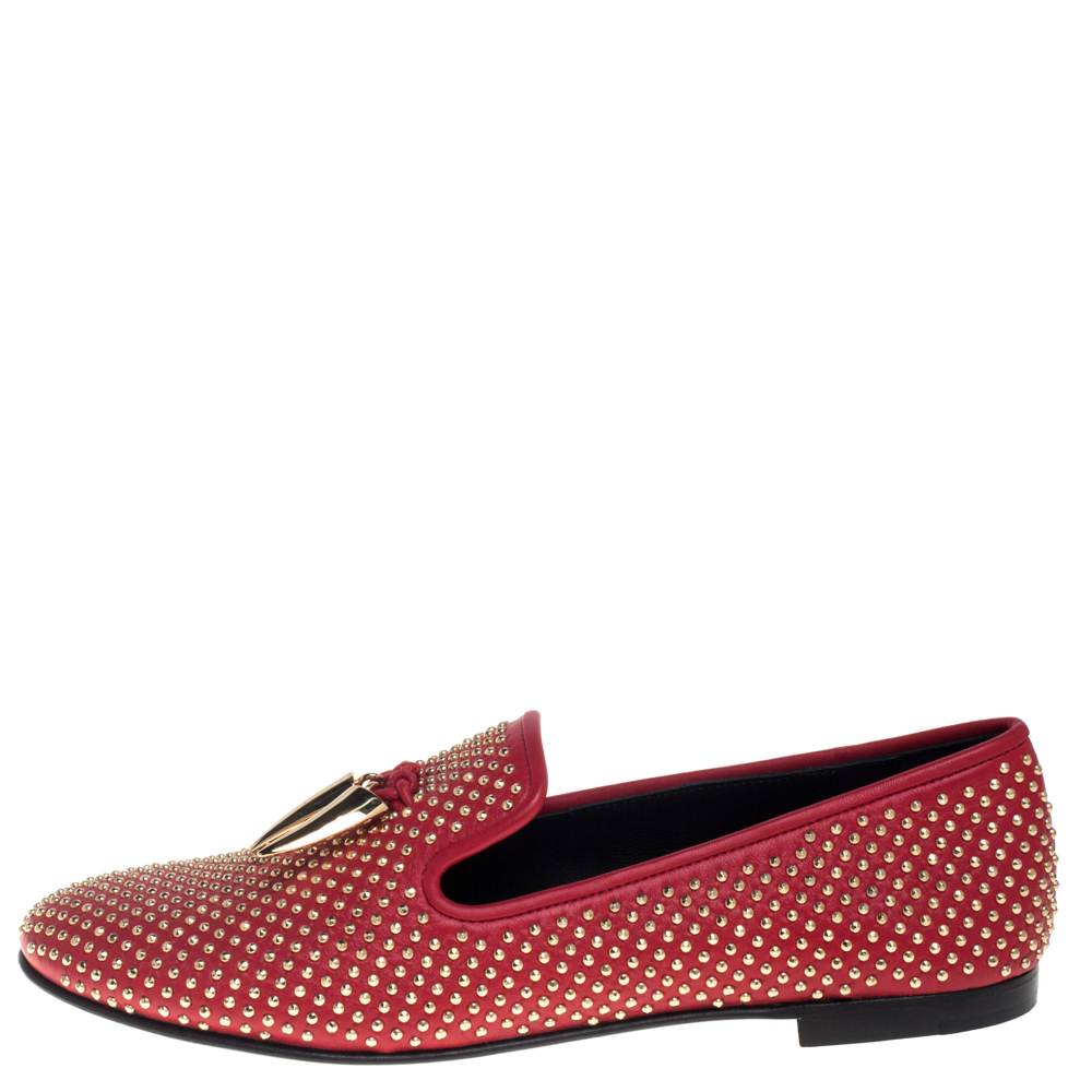 

Giuseppe Zanotti Red Leather Studded Horn Detail Loafers Size