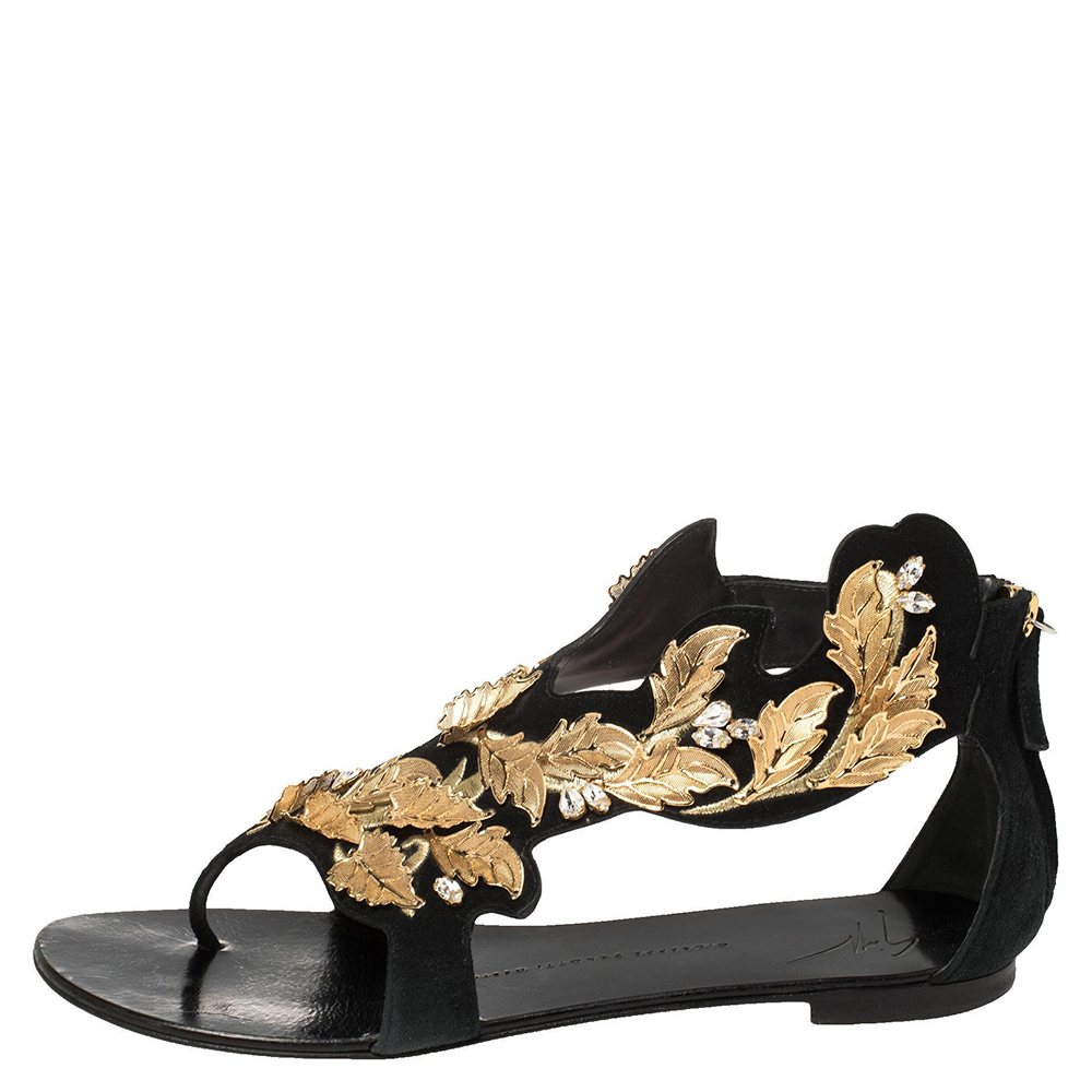

Giuseppe Zanotti Black/Gold Suede Metal Leaf Embellished Flat Sandals Size