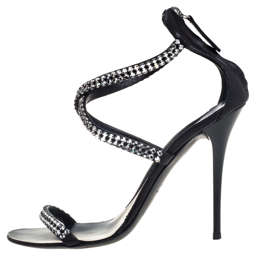 

Giuseppe Zanotti Black Leather Crystal Embellished Sandals Size