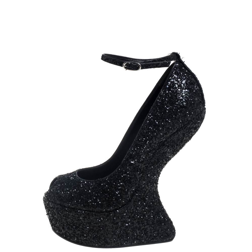 

Giuseppe Zanotti Black Glitter Heelless Peep Toe Ankle Strap Pumps Size