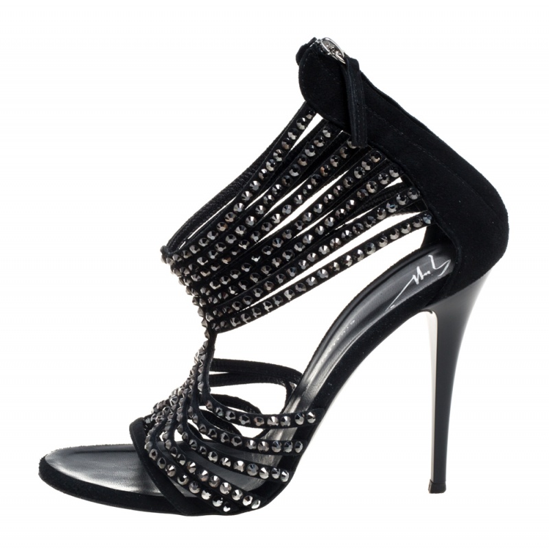 

Giuseppe Zanotti Black Suede Embellished Strappy Sandals Size