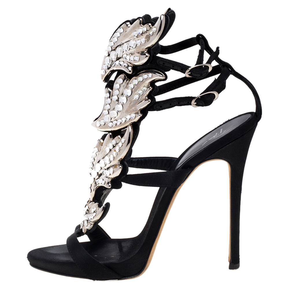 

Giuseppe Zanotti Black Leather And Satin Crystal Embellished Coline Wings Sandals Size