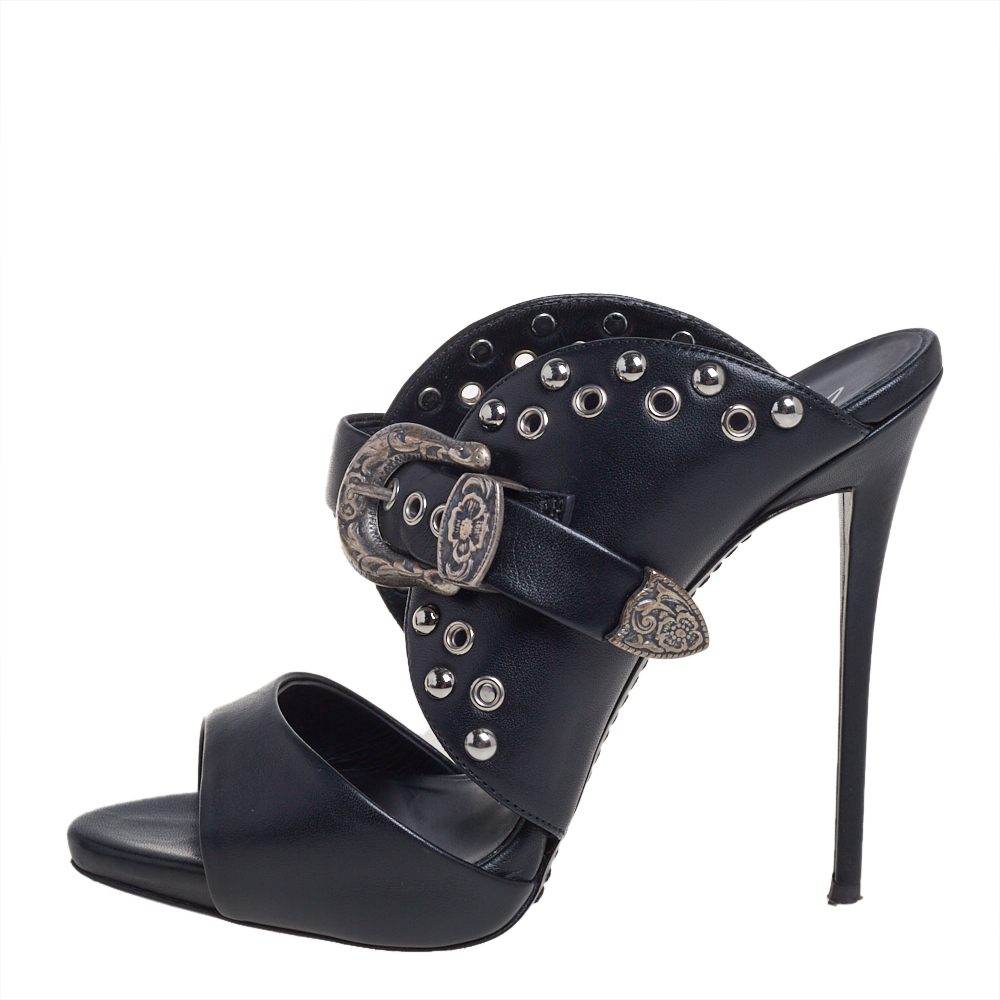 

Giuseppe Zanotti Black Leather Coline Western Buckle Stud Mule Sandals Size