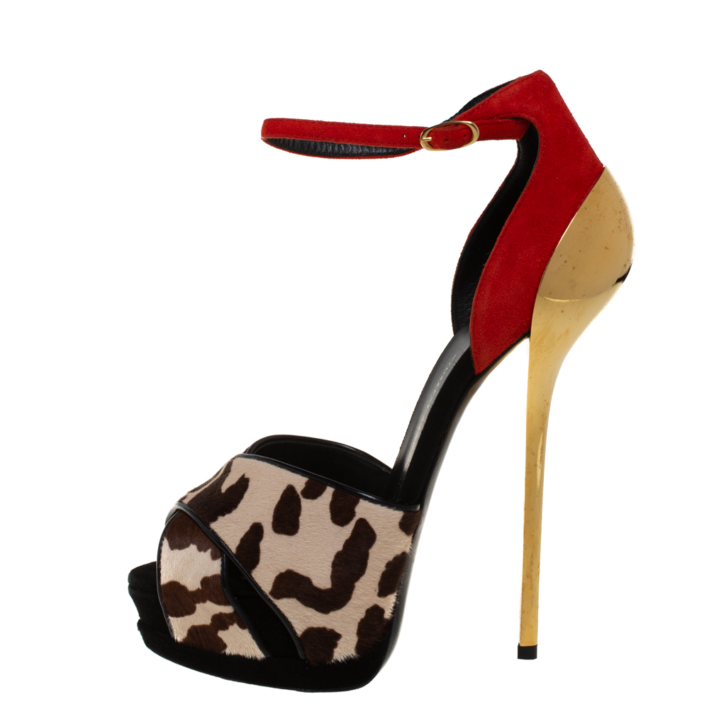 

Giuseppe Zanotti Orange Suede And Leopard Print Calf Hair Ankle Strap Sandals Size, Multicolor