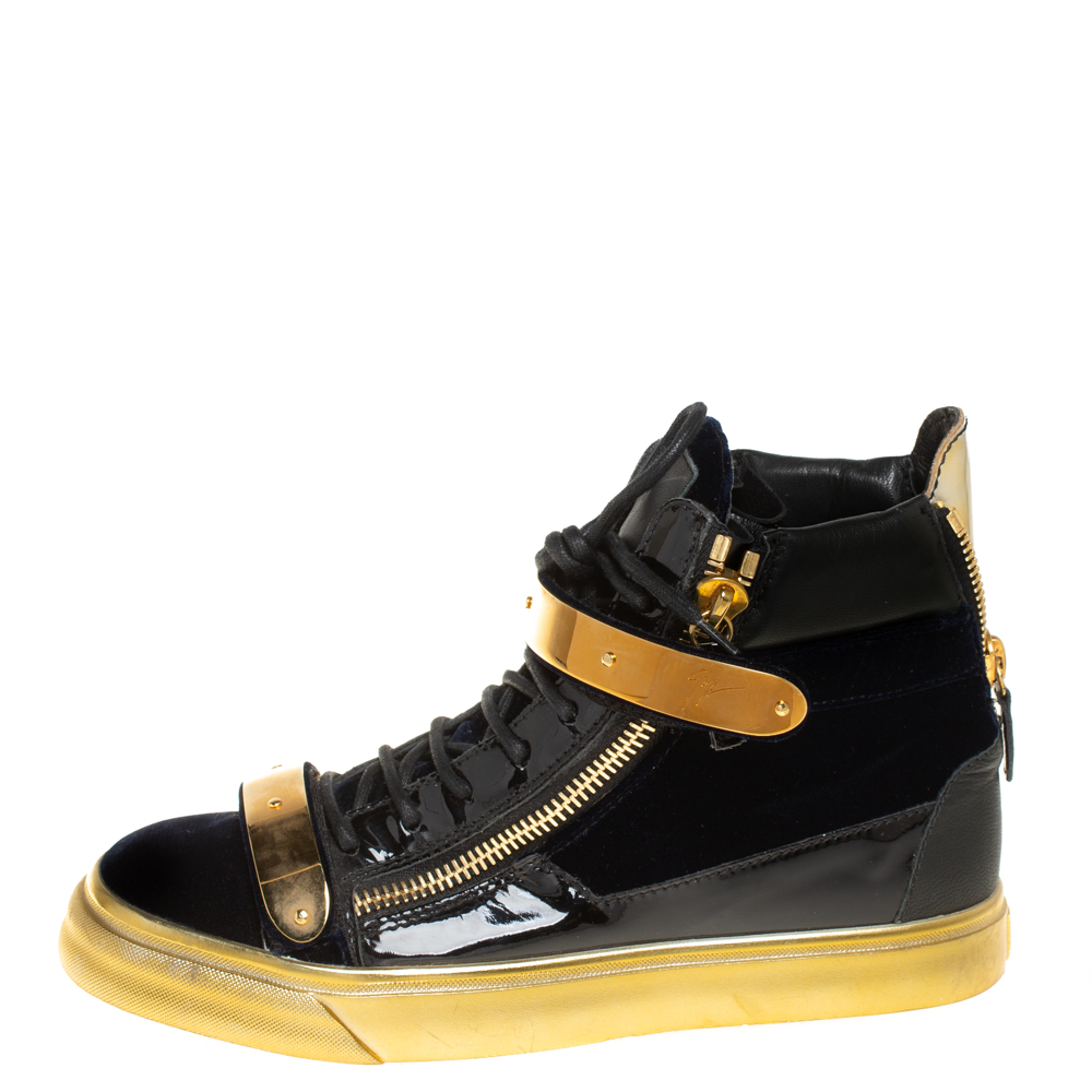 

Giuseppe Zanotti Black Velvet And Patent Leather Coby High Top Sneakers Size