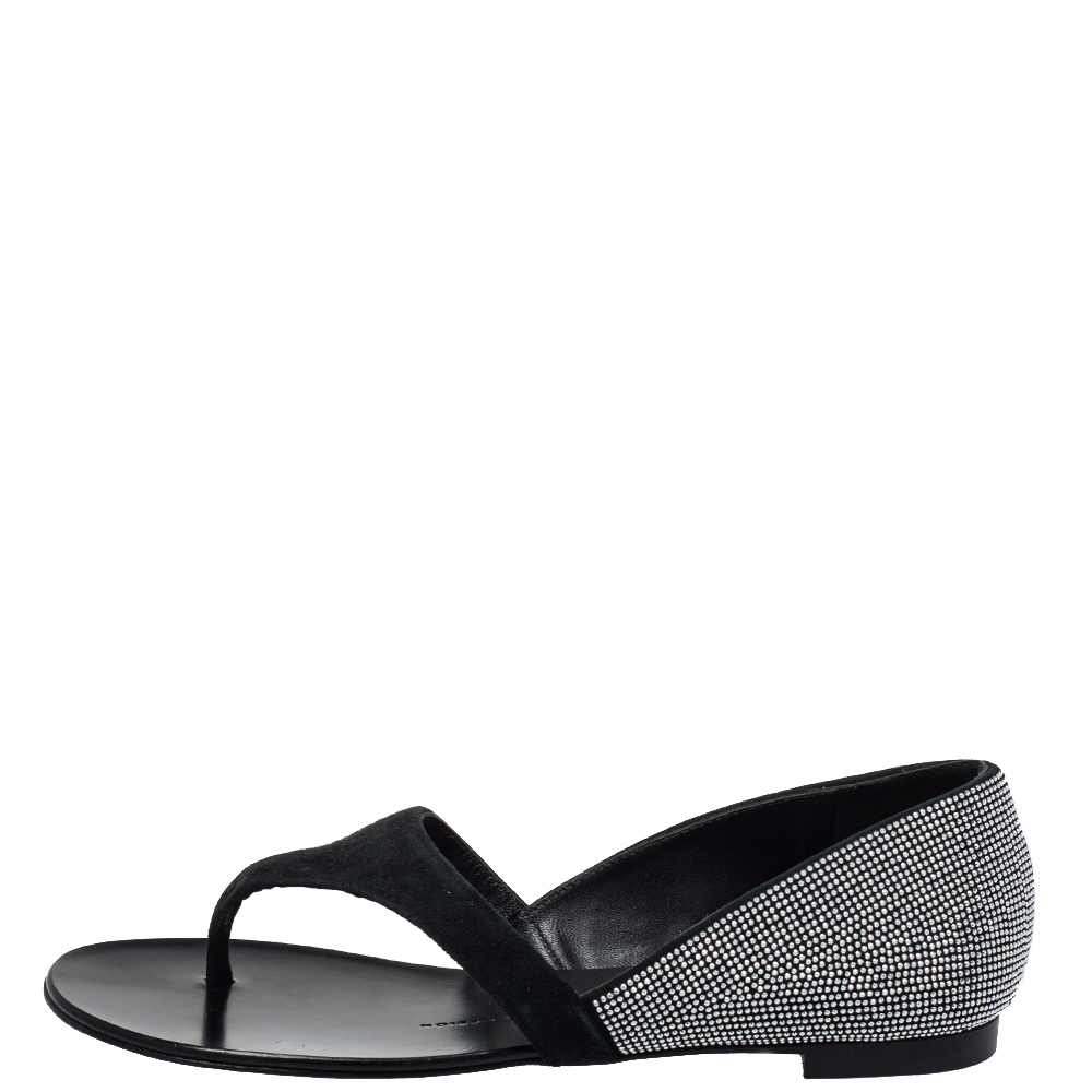 

Giuseppe Zanotti Black Suede Crystal Embellished Flat Thong Sandals Size