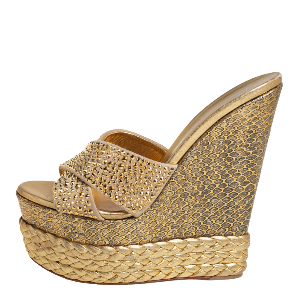 

Giuseppe Zanotti Gold Suede Crystal Embellished Platform Wedge Sandals Size