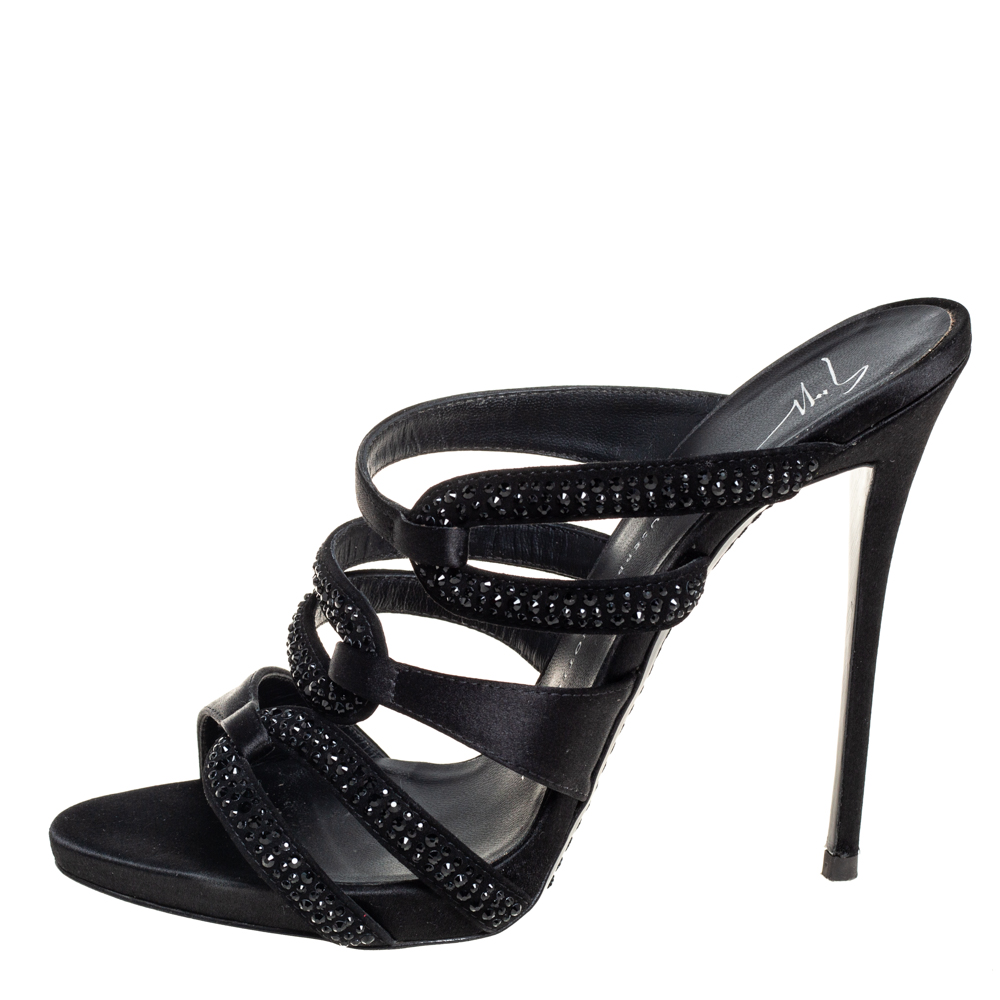 

Giuseppe Zanotti Black Satin Crystal Embellished Slide Sandals Size