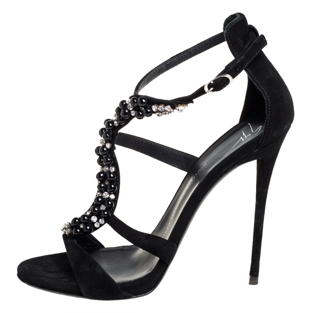 

Giuseppe Zanotti Black Suede Crystal Embellished T-Strap Sandals Size