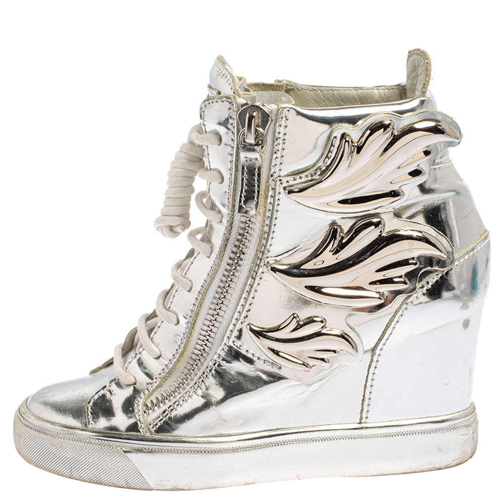 

Giuseppe Zanotti Metallic Silver Leather Double Zip Wedge Sneakers Size