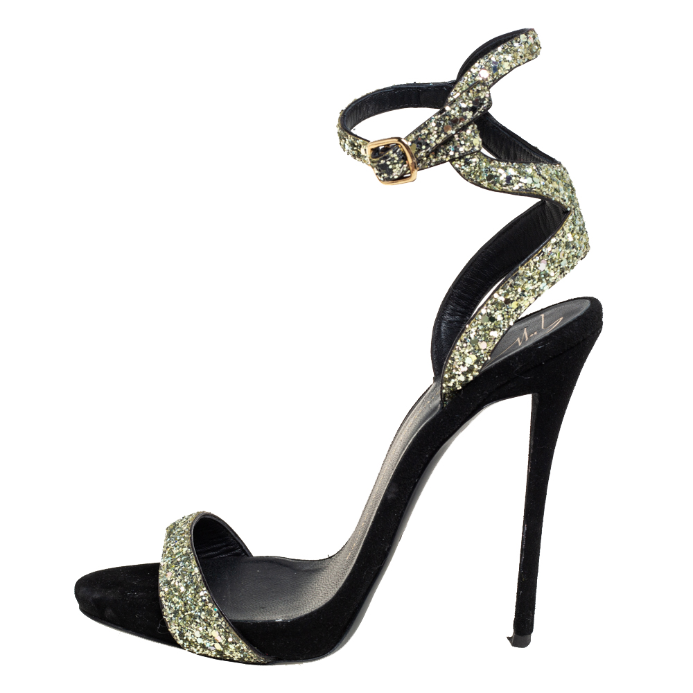 

Giuseppe Zanotti Black/Green Glitter Open Toe Ankle Strap Sandals Size
