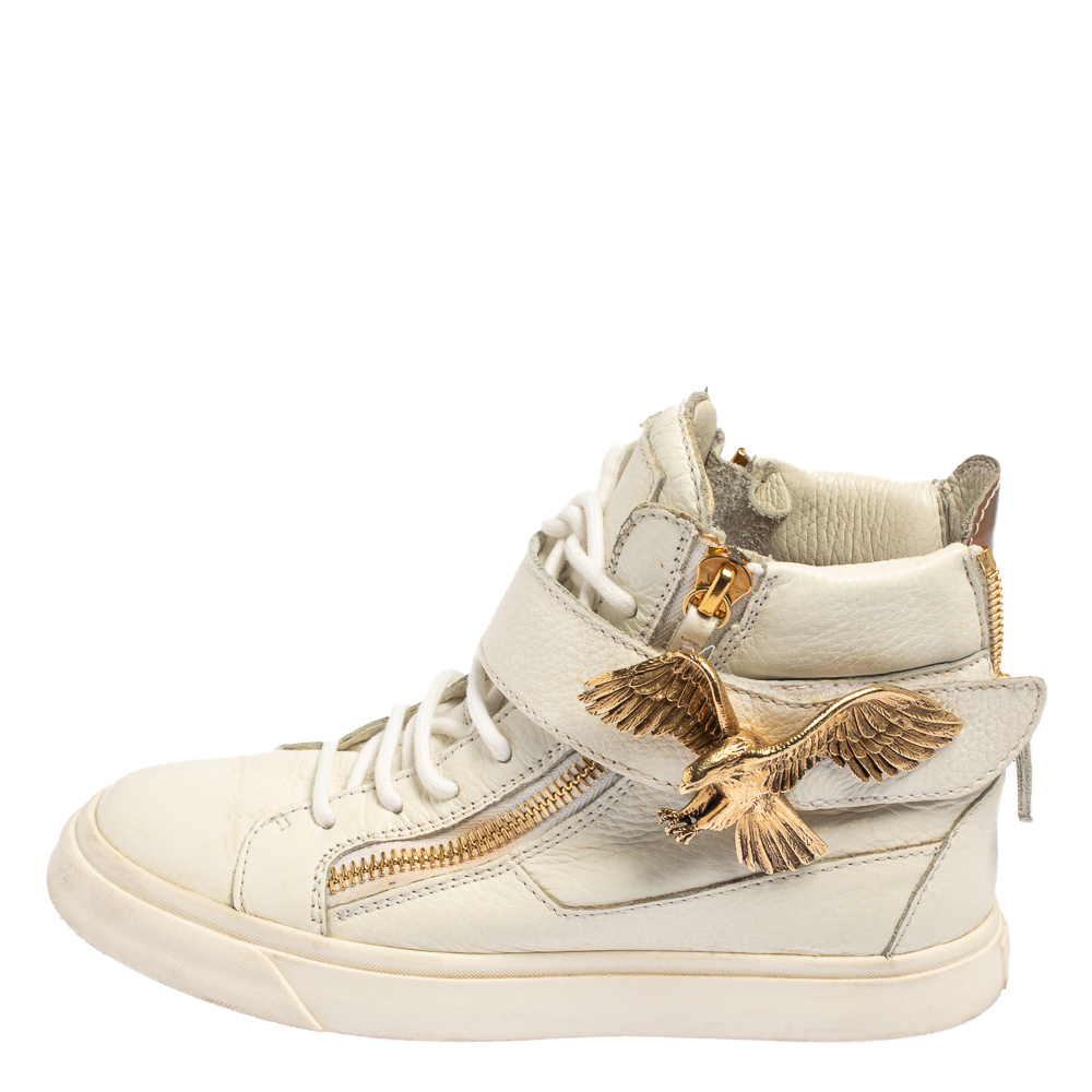 

Giuseppe Zanotti White Leather Eagle High Top Sneakers Size