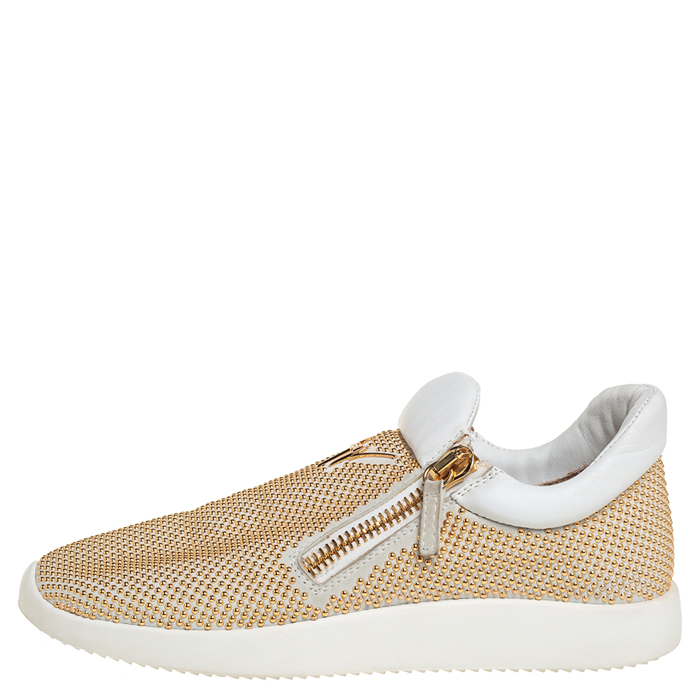 

Giuseppe Zanotti White/Gold Leather Studded Slip On Sneakers Size