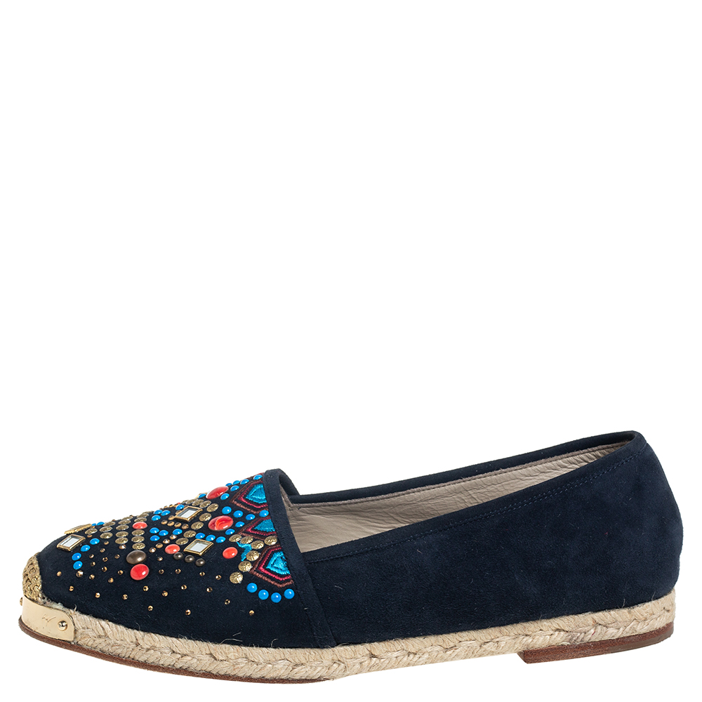 

Giuseppe Zanotti Navy Blue Suede Embellished Flat Espadrilles Size