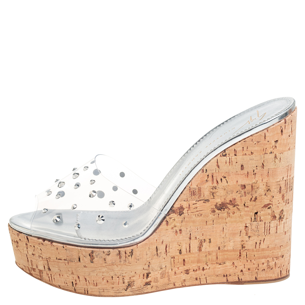 

Giuseppe Zanotti Silver PVC Crystal Embellished Platform Wedge Slide Sandals Size