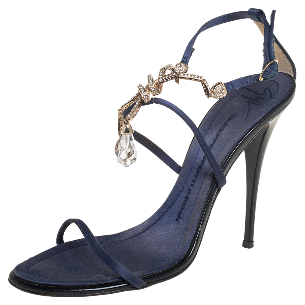 Pre-owned Giuseppe Zanotti Blue Satin Embellished Sandals Size 38.5
