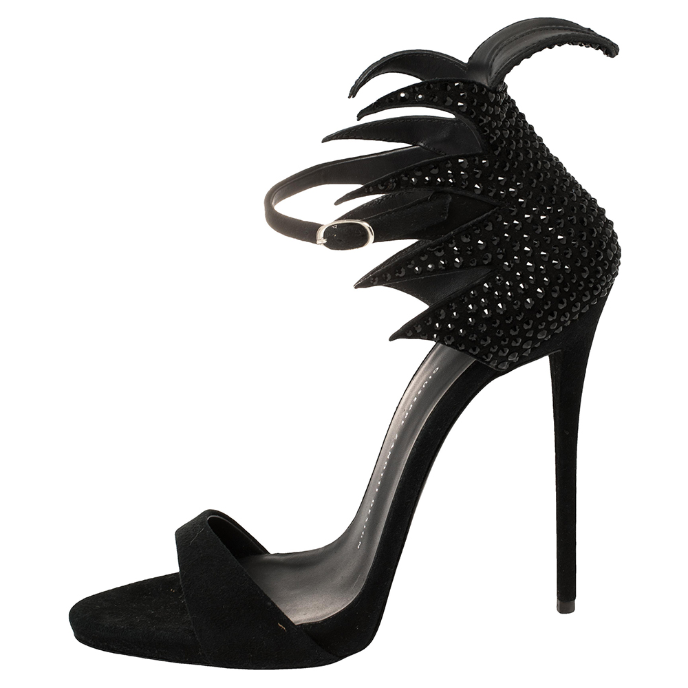 

Giuseppe Zanotti Black Suede Coline Embellished Open Toe Sandals Size