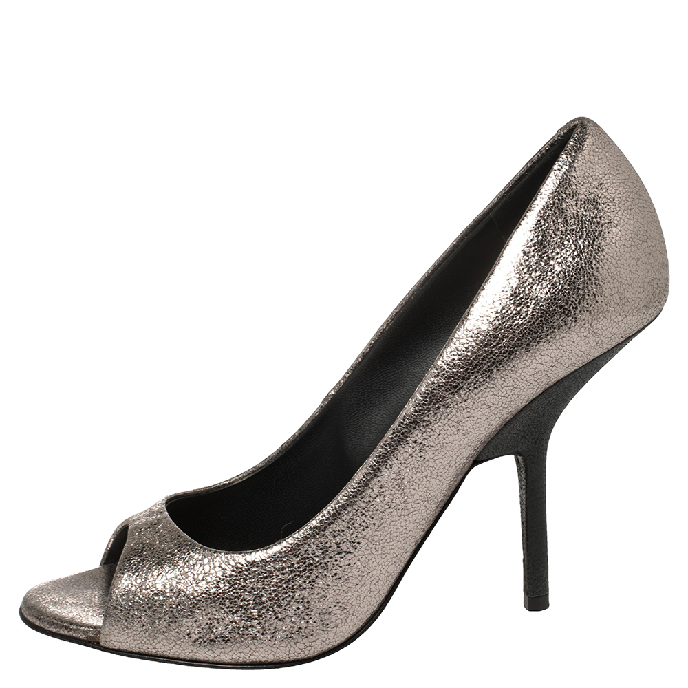 

Giuseppe Zanotti Silver Crackle Leather Peep Toe Pumps Size