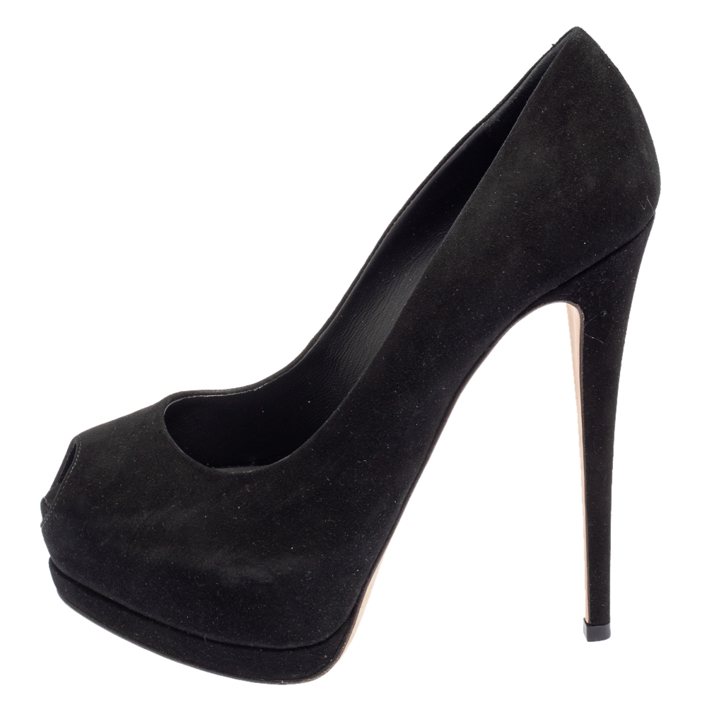 

Giuseppe Zanotti Black Suede Sharon Peep Toe Platform Pumps Size