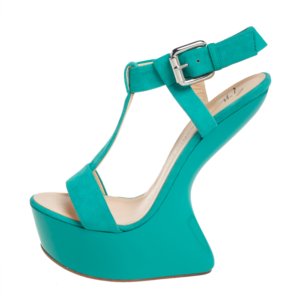 

Giuseppe Zanotti Turquoise Blue Suede T Strap Platform Heel Less Wedge Sandals Size