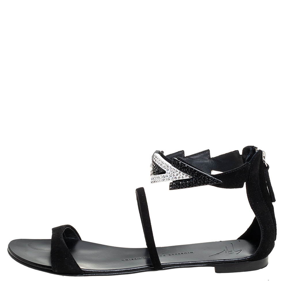 

Giuseppe Zanotti Black Suede Embellished Flat Ankle Strap Sandals Size