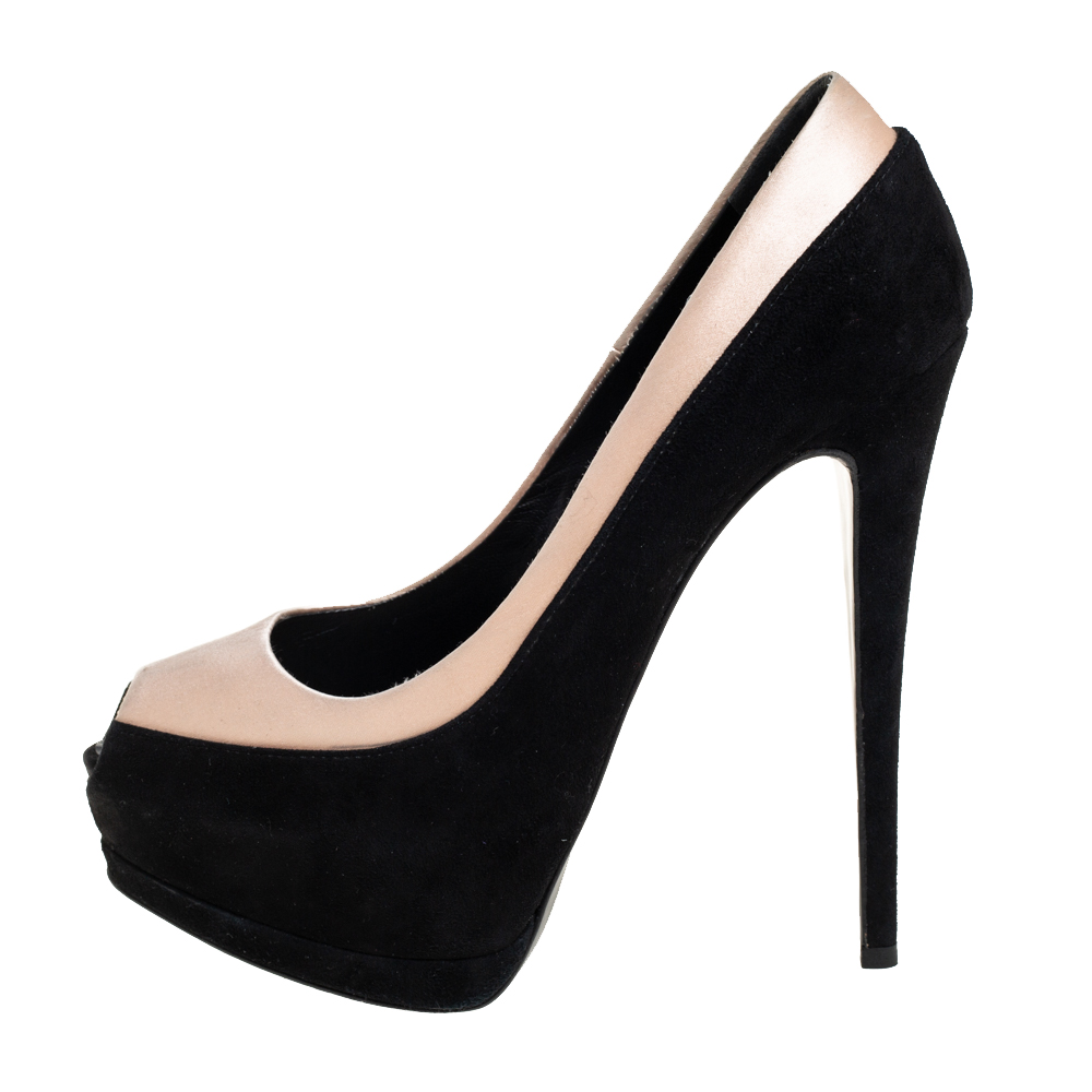 

Giuseppe Zanotti Black/Beige Satin And Suede Platform Peep Toe Pumps Size