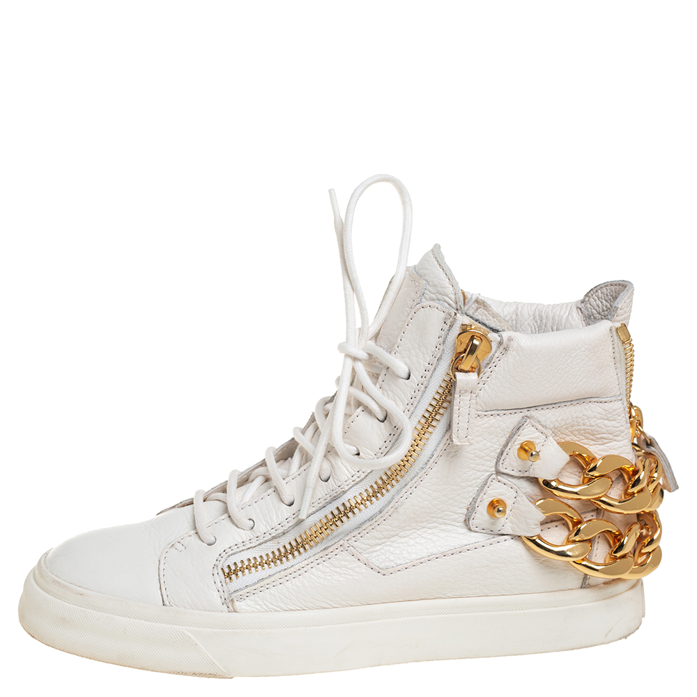 

Giuseppe Zanotti White Leather High Top Chain Embellished Sneakers Size