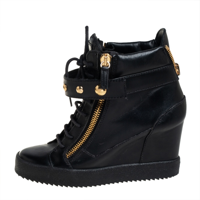 

Giuseppe Zanotti Black Leather Wedge Sneakers Size